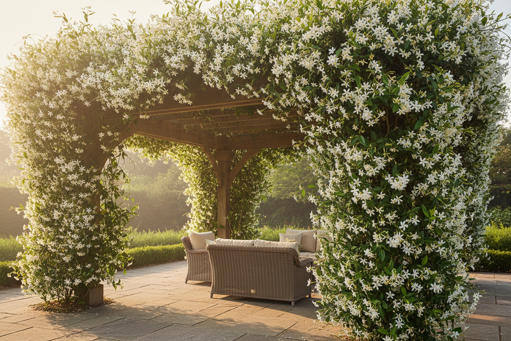 Trachelospermum Jasminoides 20L covering garden pergola lifestyle shot