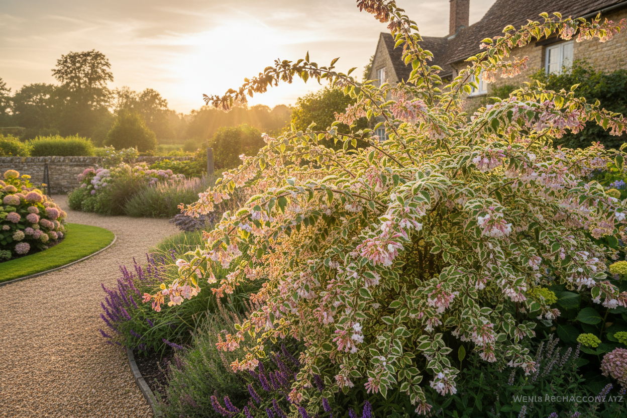 Abelia Francis Mason planted in garden border - lifestyle shot