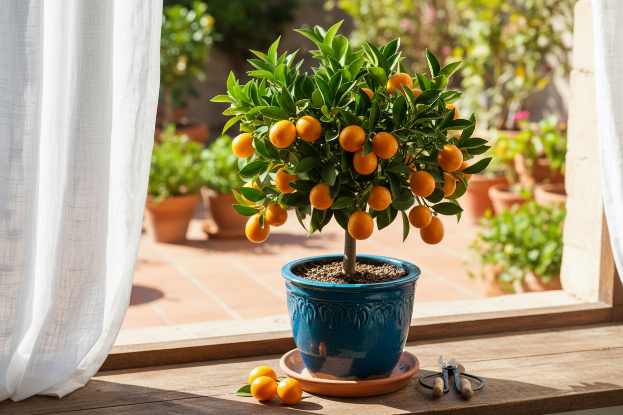 Dwarf Kumquat on sunny patio lifestyle shot