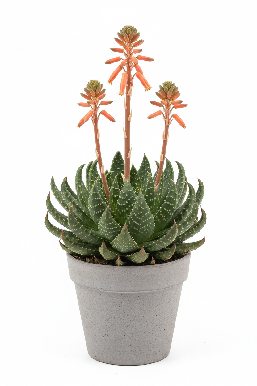 Aloe Aristata rosette with white-flecked leaves and coral-orange flower spikes
