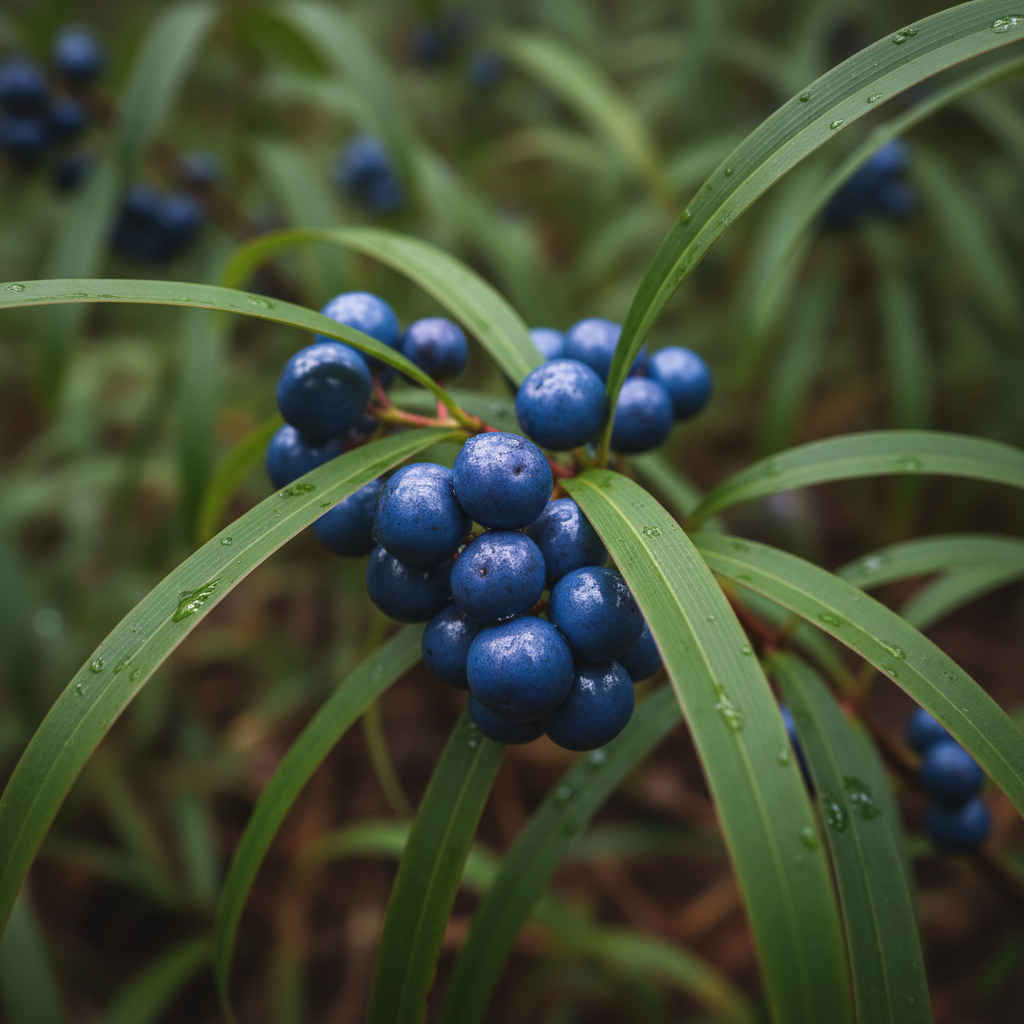 Dianella Tasmanica blue-purple berry close-up detail