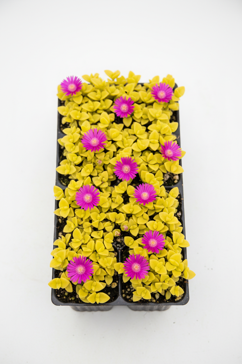 Aptenia Cordifolia Aurea 6-pack nursery tray with golden foliage and magenta flowers