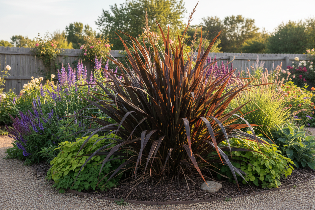 Phormium Red in garden border lifestyle shot