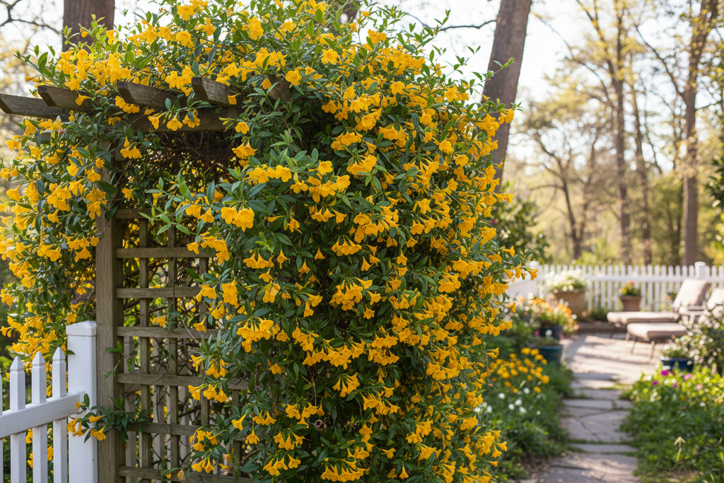 Gelsemium climbing over garden fence lifestyle shot