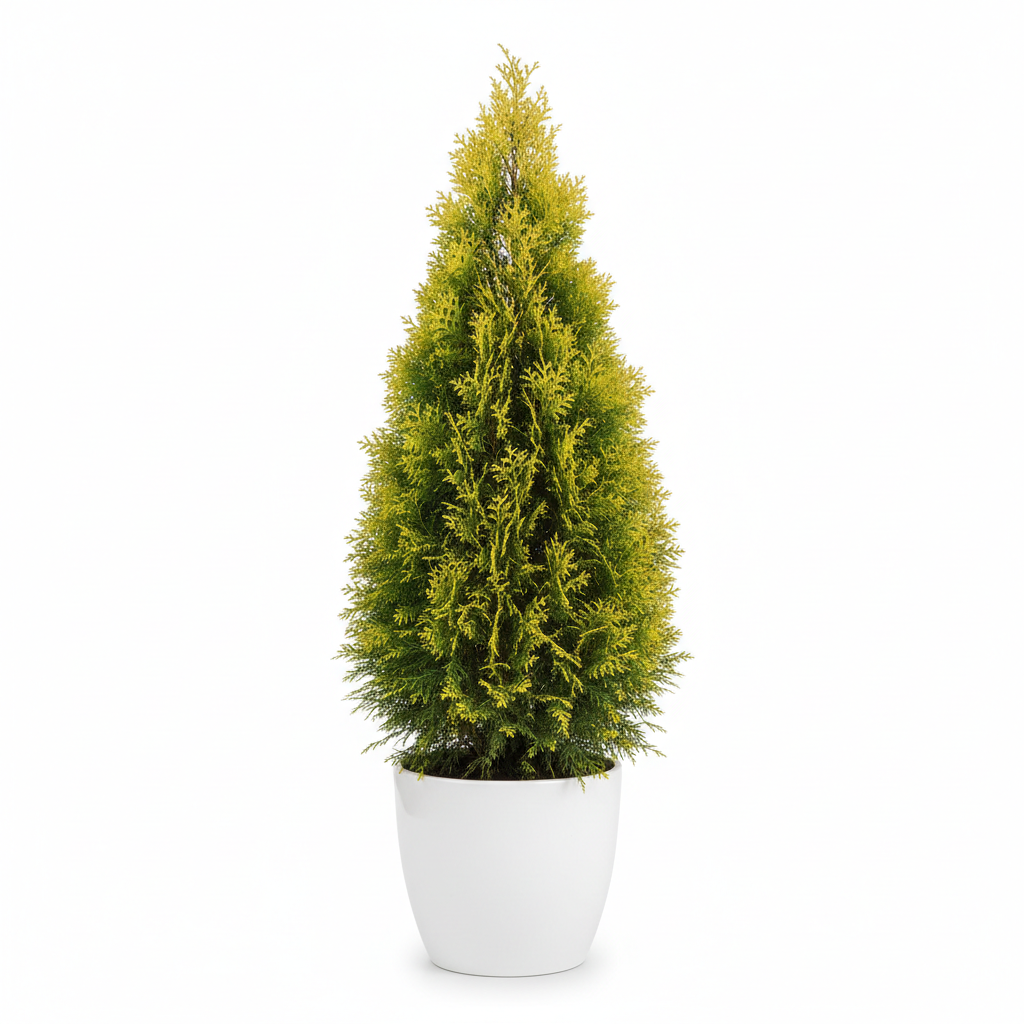 Gold Crest Macrocarpa conifer in white pot