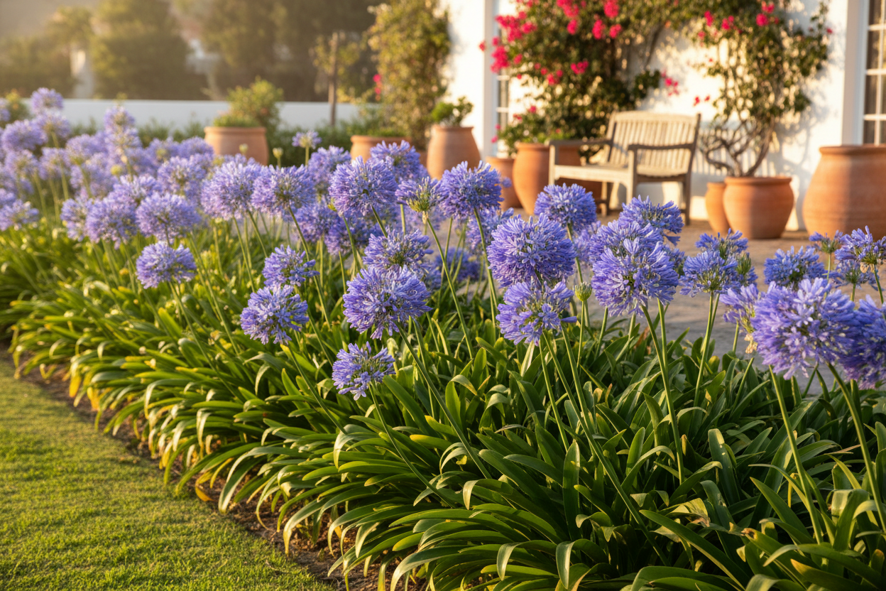 Agapanthus Praecox Blue planted in garden border - lifestyle shot