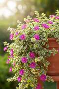 Aptenia Cordifolia Variegated with cream-edged heart-shaped leaves and magenta blooms