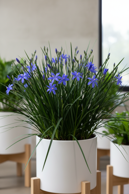 Aristea Ecionea with vivid blue star-shaped flowers and slender iris-like foliage