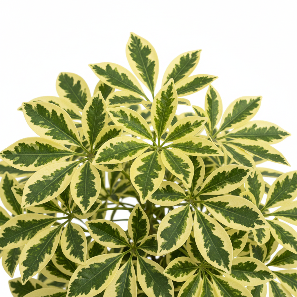 Schefflera Gold Var leaf clusters close up