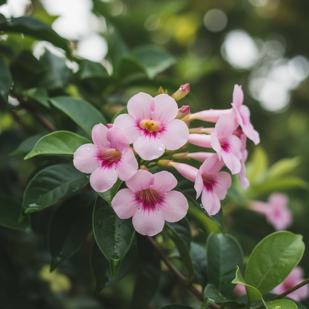 Pandorea Rosea pink trumpet flower detail